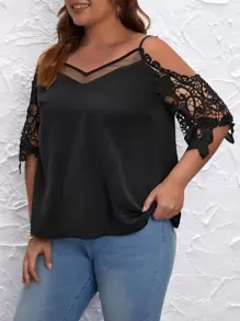 SHEIN Clasi Plus Contrast Guipure Lace Cold Shoulder Top - Black - View 3
