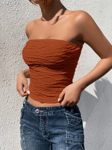 SHEIN EZwear 素色紋理質感抹胸上衣 - 鏽棕色 - 查看 6