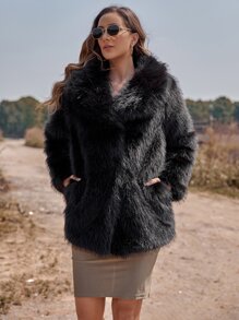 RELISH NOLESS Lapel Neck Slant Pockets Fuzzy Coat - Black - View 6