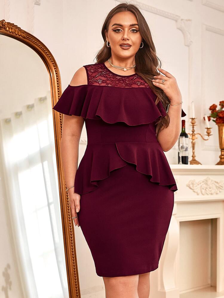 burgundy peplum dress plus size Plus Size Burgundy Sequin Formal Dress| Wedding Outfit|Top Super Deals main image 1