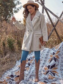 RELISH NOLESS Double Button Pocket Patched Fuzzy Coat - Beige - View 3