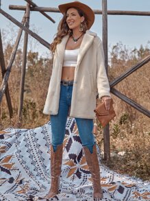 RELISH NOLESS Solid Lapel Neck Teddy Coat - Beige - View 3