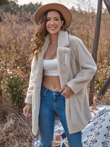 RELISH NOLESS Double Button Pocket Patched Fuzzy Coat - Beige - View 4