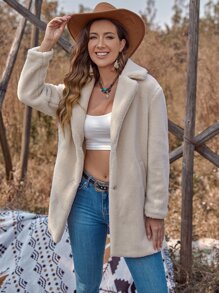 RELISH NOLESS Solid Lapel Neck Teddy Coat - Beige - View 4