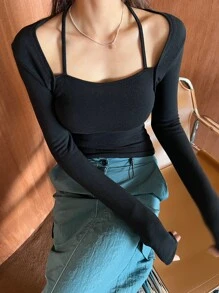 DAZY Solid Cold Shoulder Crop Tee - Black - View 3