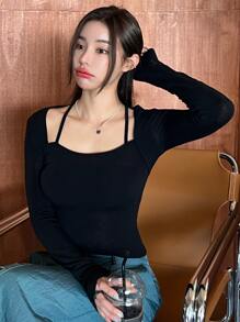 DAZY Solid Cold Shoulder Crop Tee - Black - View 4