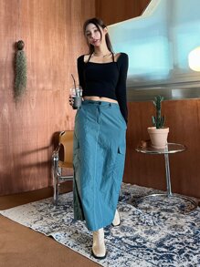 DAZY Solid Cold Shoulder Crop Tee - Black - View 6