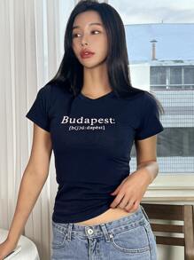 DAZY Letter Graphic Crop Tee - Navy Blue - View 5