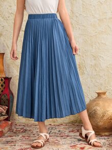 SHEIN Girls Solid Pleated Skirt - Dusty Blue - View 1