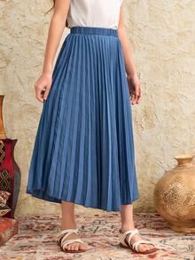SHEIN Girls Solid Pleated Skirt - Dusty Blue - View 4