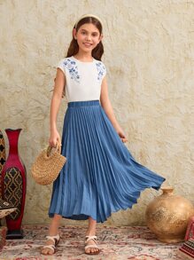 SHEIN Girls Solid Pleated Skirt - Dusty Blue - View 3