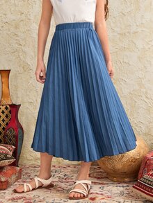 SHEIN Girls Solid Pleated Skirt - Dusty Blue - View 5