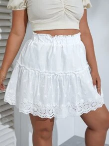 Dreamara Falda con bordado con ojal ribete fruncido de cintura con volante bajo con fruncido - Blanco - Ver 1