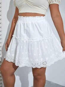 Dreamara Falda con bordado con ojal ribete fruncido de cintura con volante bajo con fruncido - Blanco - Ver 4