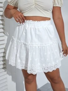 Dreamara Falda con bordado con ojal ribete fruncido de cintura con volante bajo con fruncido - Blanco - Ver 3