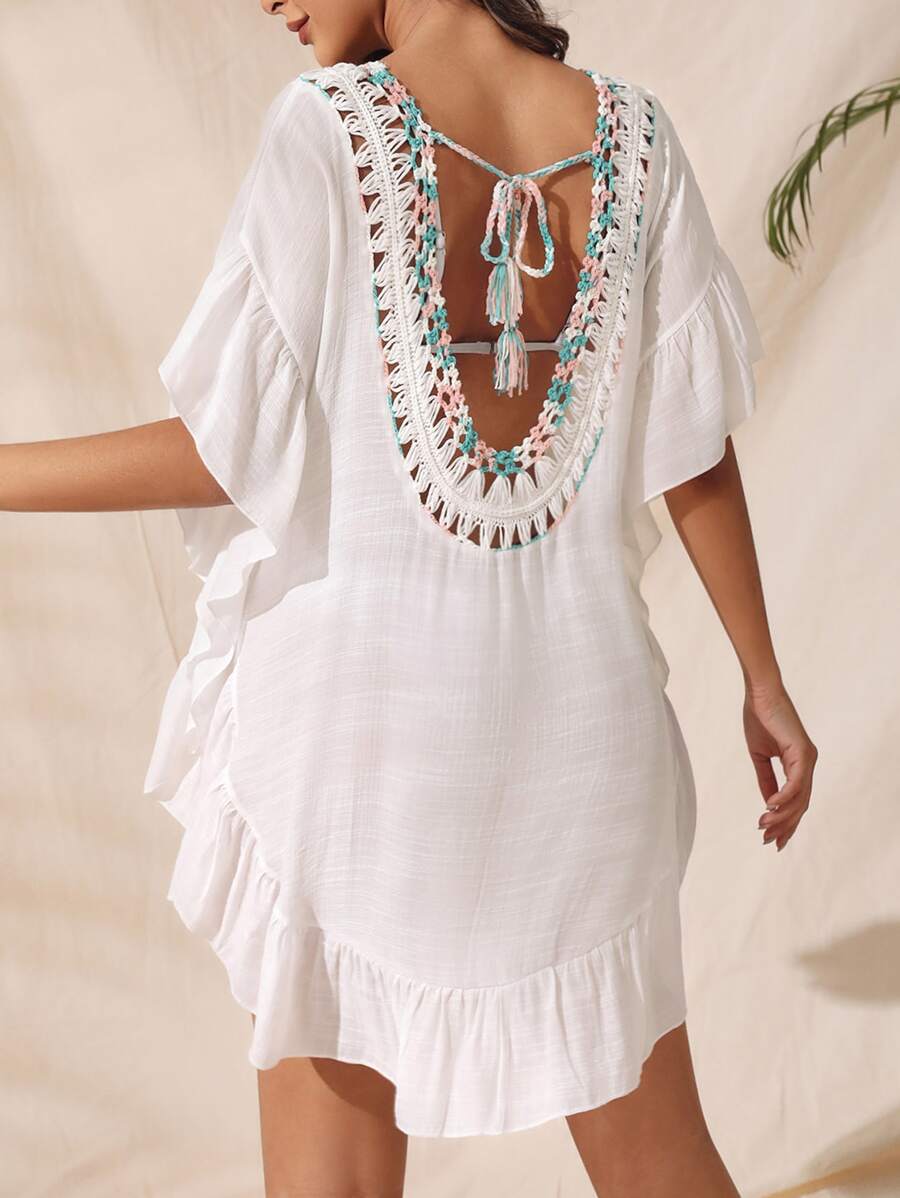 EMERY ROSE Crochet Insert Ruffle Hem Cover Up - White - View 1