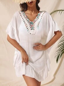EMERY ROSE Crochet Insert Ruffle Hem Cover Up - White - View 2