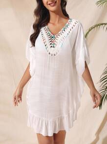 EMERY ROSE Crochet Insert Ruffle Hem Cover Up - White - View 3