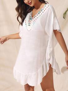 EMERY ROSE Crochet Insert Ruffle Hem Cover Up - White - View 5