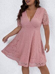 SHEIN LUNE Plus Surplice Neck Puff Sleeve Lace Dress - Pink - View 4