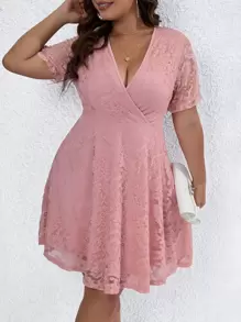 SHEIN LUNE Plus Surplice Neck Puff Sleeve Lace Dress - Pink - View 5