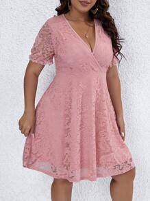 SHEIN LUNE Plus Surplice Neck Puff Sleeve Lace Dress - Pink - View 6