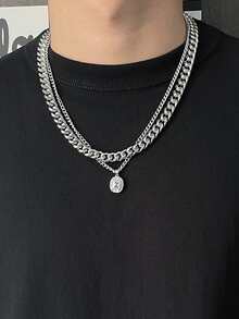 Men Letter Detail Geometric Charm Layered Necklace - Silver - View 1