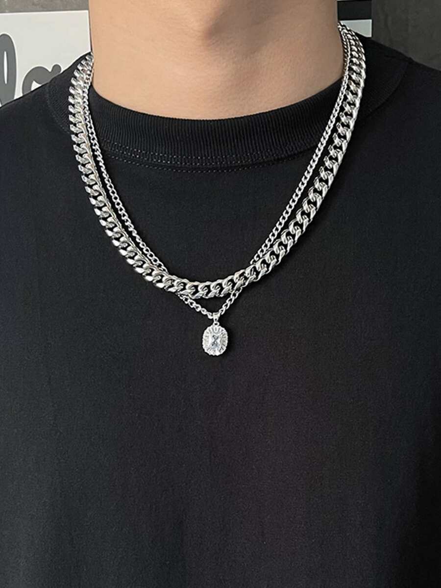 Men Letter Detail Geometric Charm Layered Necklace - Silver - View 1