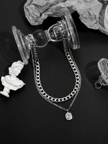 Men Letter Detail Geometric Charm Layered Necklace - Silver - View 2