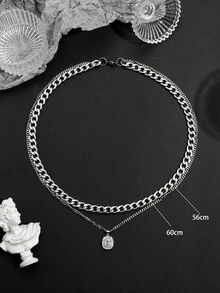 Men Letter Detail Geometric Charm Layered Necklace - Silver - View 3