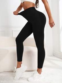 Yoga Basic 素色收復運動打底褲 - 黑色 - 查看 2