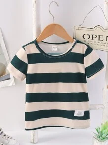 SHEIN Young Boy Block Striped Print Letter Patched Detail Tee