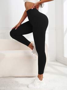 Yoga Basic 素色收復運動打底褲 - 黑色 - 查看 7