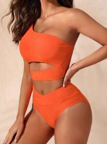 SHEIN Swim Bộ bikini cut-out một vai đi biển mùa hè, Bộ đồ tắm bãi biển mùa hè - trái cam - Xem 4