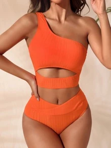 SHEIN Swim Bộ bikini cut-out một vai đi biển mùa hè, Bộ đồ tắm bãi biển mùa hè - trái cam - Xem 5