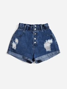 SHEIN EZwear 紙袋腰破洞卷邊牛仔短褲