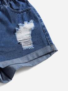 SHEIN EZwear 紙袋腰破洞卷邊牛仔短褲