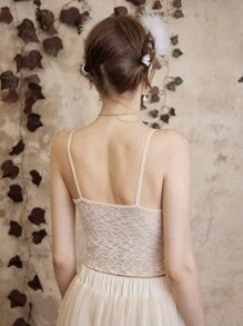 ROMWE Fairycore 蕾絲拼接吊帶上衣 - 杏色 - 查看 2