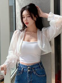 DAZY Solid Flounce Sleeve Crop Blouse,Ruffle Sheer,Fall Women Clothes Long Sleeve Top - White - View 3