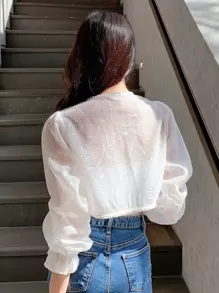 DAZY Solid Flounce Sleeve Crop Blouse,Ruffle Sheer,Fall Women Clothes Long Sleeve Top - White - View 4