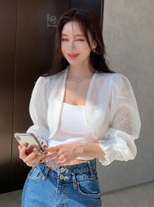 DAZY Solid Flounce Sleeve Crop Blouse,Ruffle Sheer,Fall Women Clothes Long Sleeve Top - White - View 7