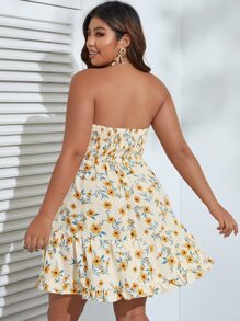 Dreamara Đầm Plus Size viền lá sen Thắt nút Viên lá sen Dải chun Hoa Tất cả trên in Boho - Nhiều màu - Xem 2