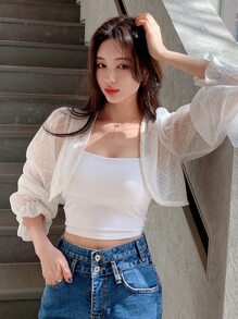 DAZY Solid Flounce Sleeve Crop Blouse,Ruffle Sheer,Fall Women Clothes Long Sleeve Top - White - View 8