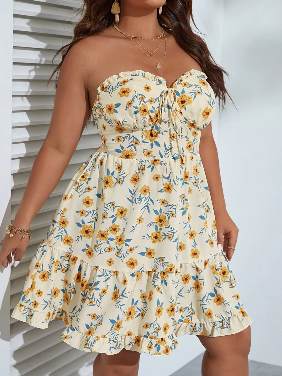 Dreamara Đầm Plus Size viền lá sen Thắt nút Viên lá sen Dải chun Hoa Tất cả trên in Boho - Nhiều màu - Xem 1