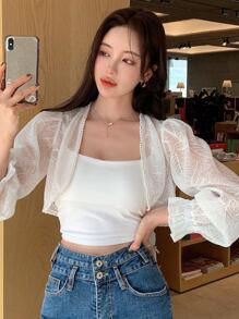 DAZY Solid Flounce Sleeve Crop Blouse,Ruffle Sheer,Fall Women Clothes Long Sleeve Top - White - View 9