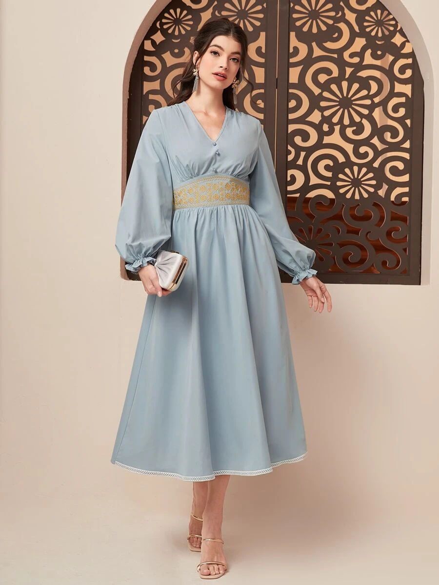 Modelyn Embroidery Waistband Flounce Sleeve Dress