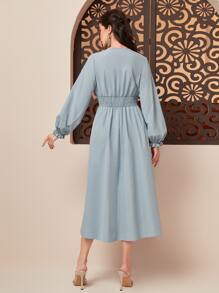 Modelyn Embroidery Waistband Flounce Sleeve Dress