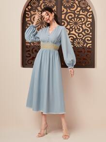 Modelyn Embroidery Waistband Flounce Sleeve Dress