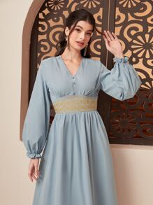 Modelyn Embroidery Waistband Flounce Sleeve Dress