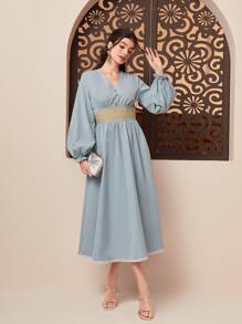 Modelyn Embroidery Waistband Flounce Sleeve Dress